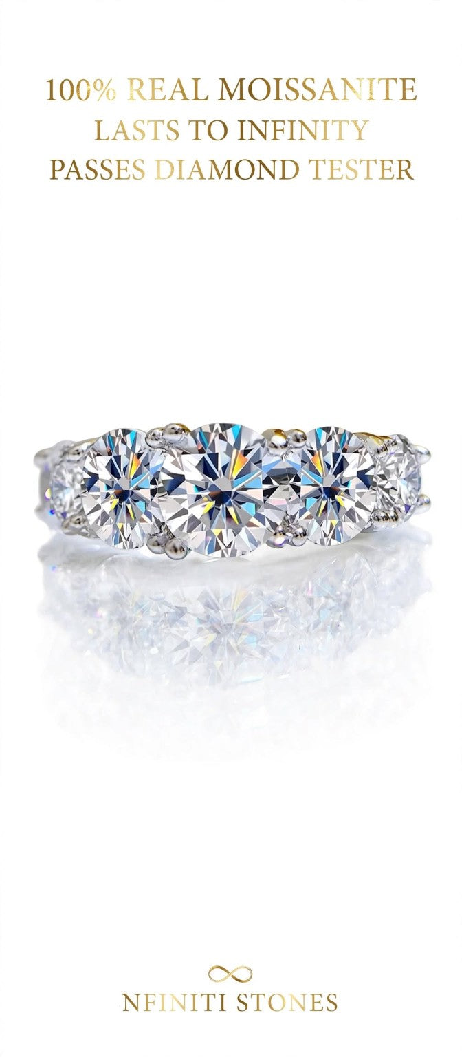 Front view of Nfiniti five-stone moissanite band