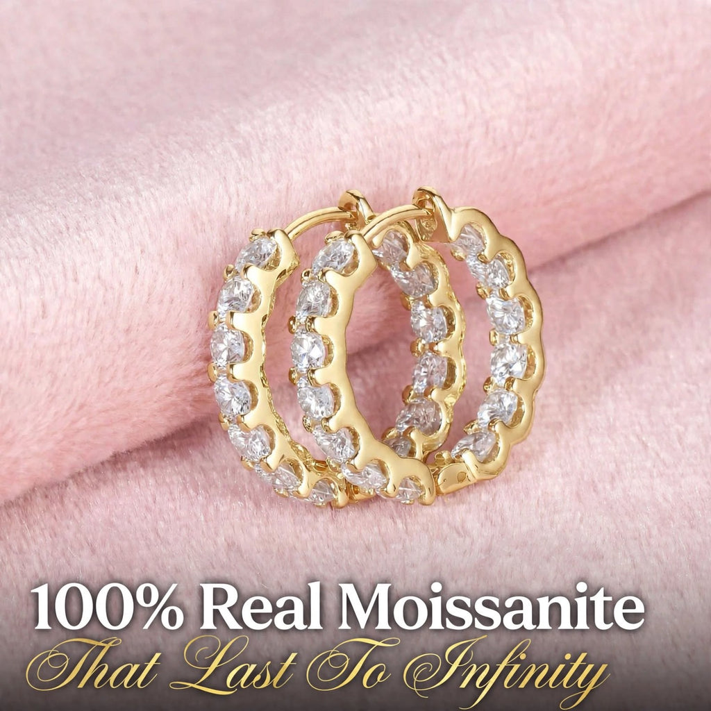 Gold finish Nfiniti Radiance moissanite hoops on pink velvet