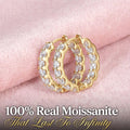 Gold finish Nfiniti Radiance moissanite hoops on pink velvet