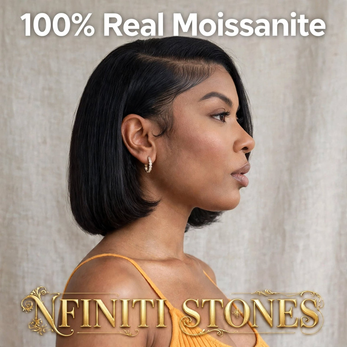 Model wearing Nfiniti Radiance moissanite hoop earrings