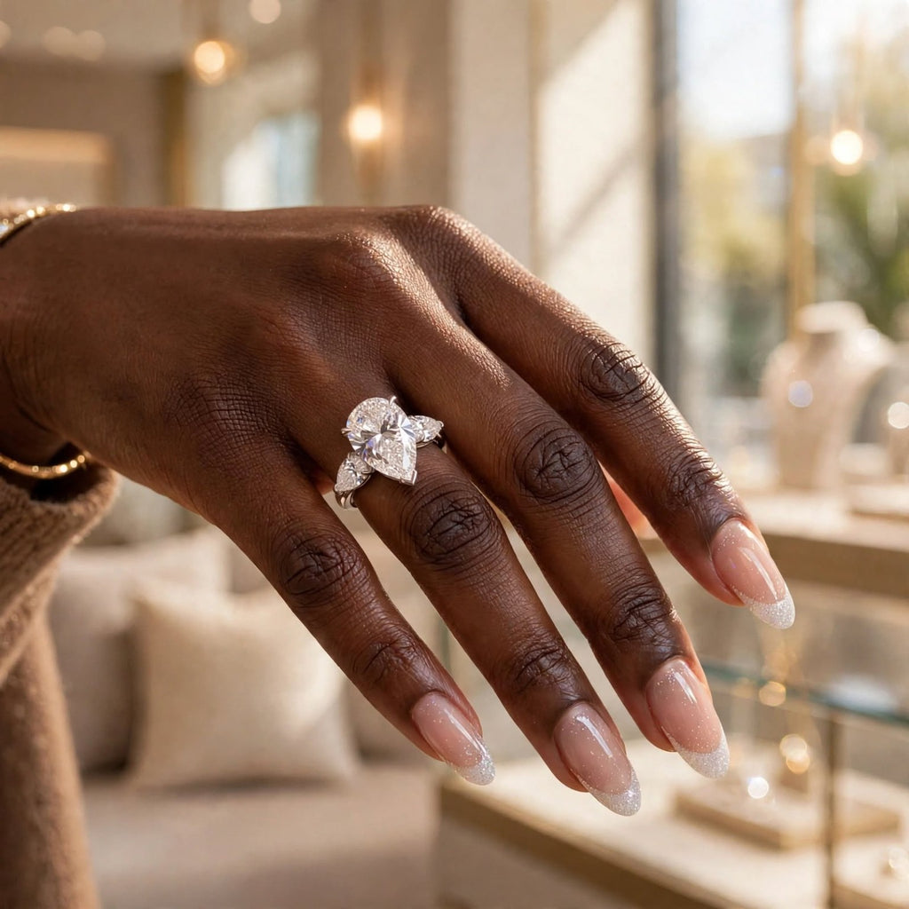Close-up The Duchess pear-cut moissanite ring on hand