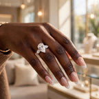 Close-up The Duchess pear-cut moissanite ring on hand