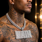Close-up of model wearing RAIN custom pendant