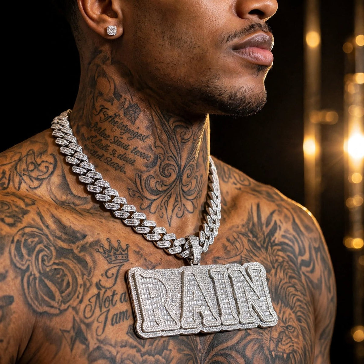 Close-up of model wearing RAIN custom pendant