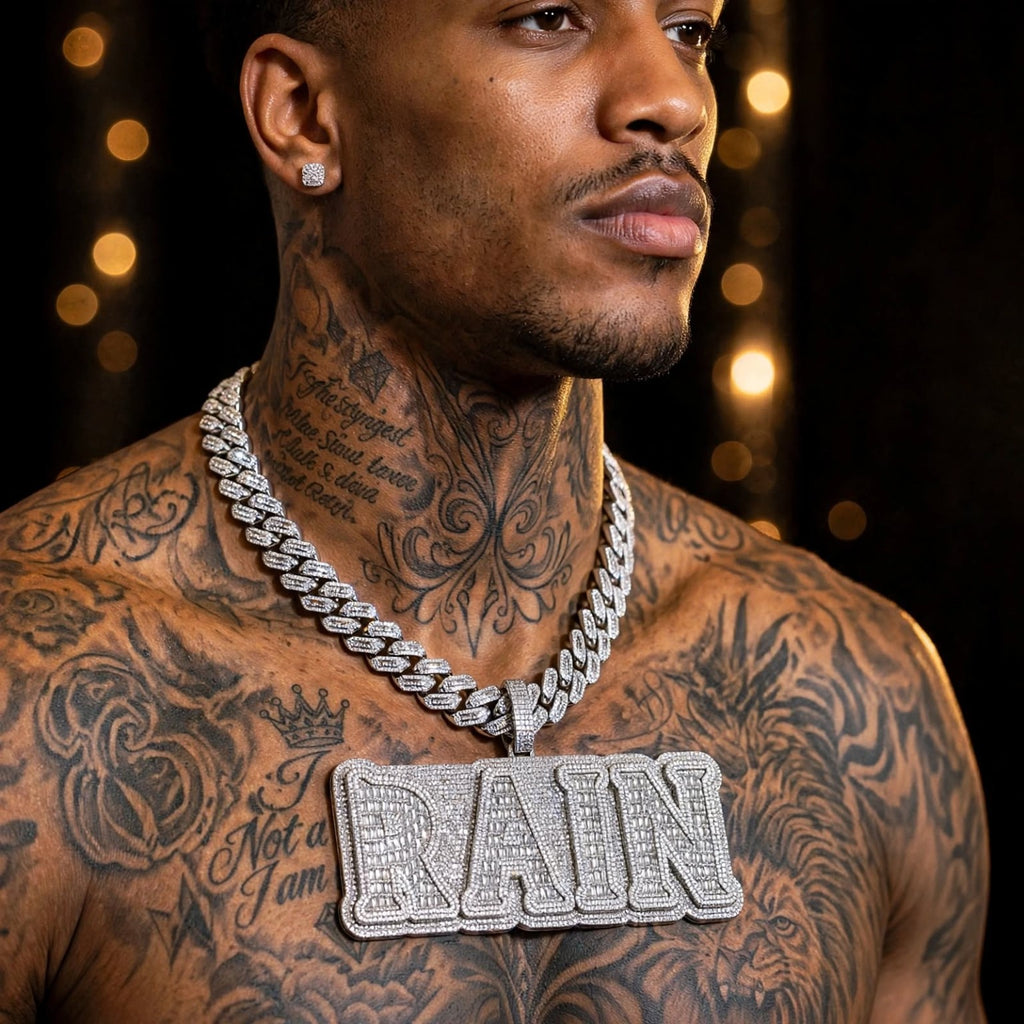 Model wearing RAIN custom pendant and Cuban chain