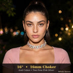 The Rose Regent rose gold and silver Cuban choker, model photo labeled 16 inches and 16 mm