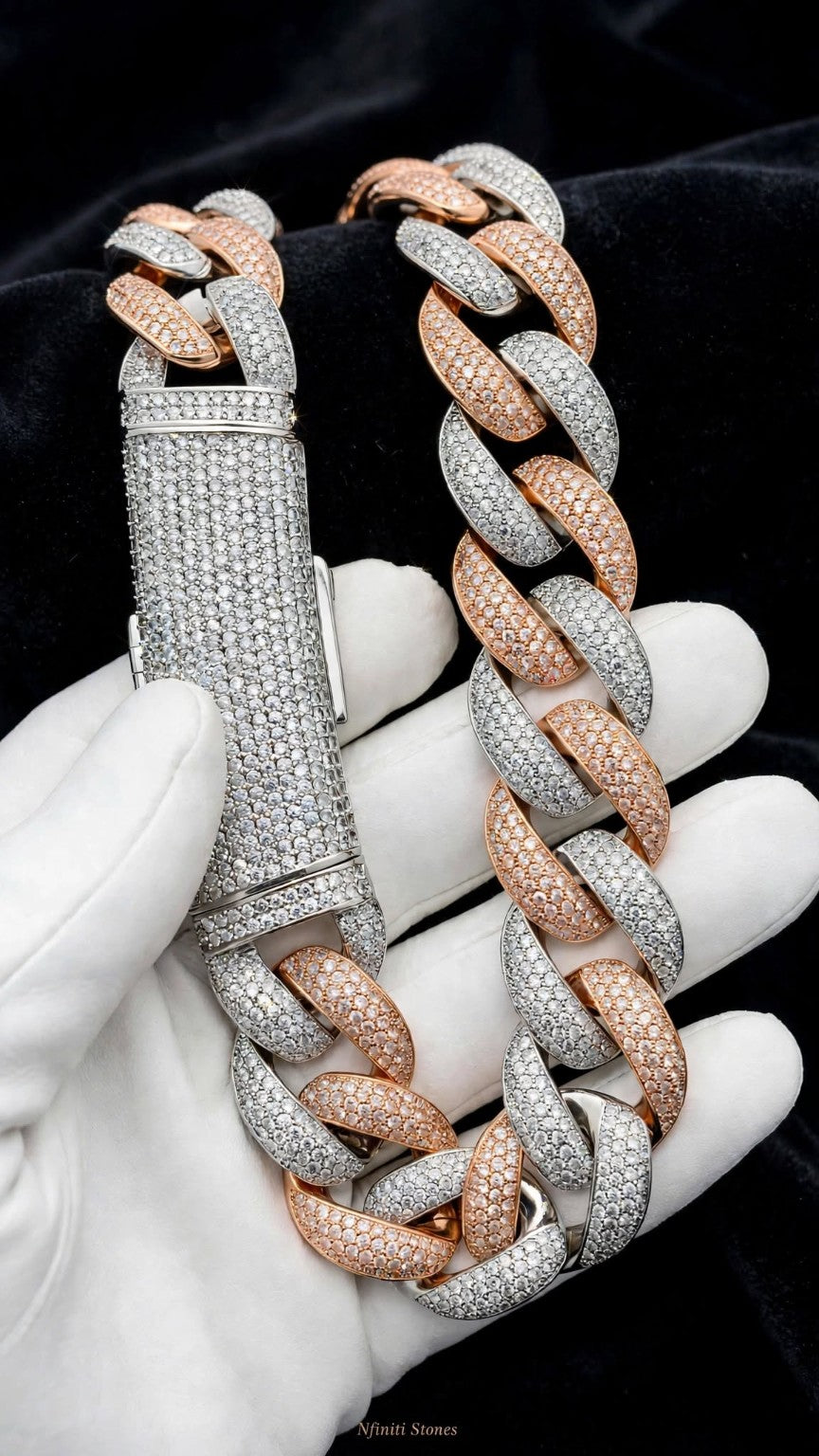 The Rose Regent rose gold and silver Cuban link chain on a white glove