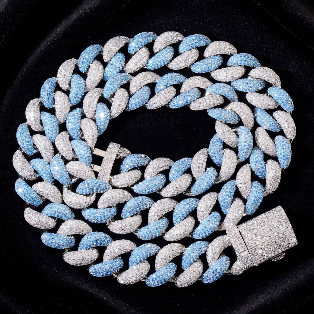 The Royal Glacier blue and clear stone Cuban chain on black fabric