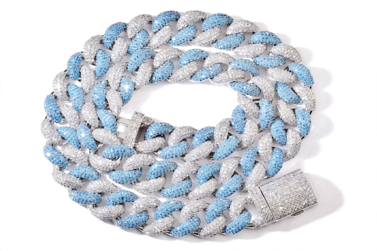 The Royal Glacier blue and clear stone Cuban chain on white background
