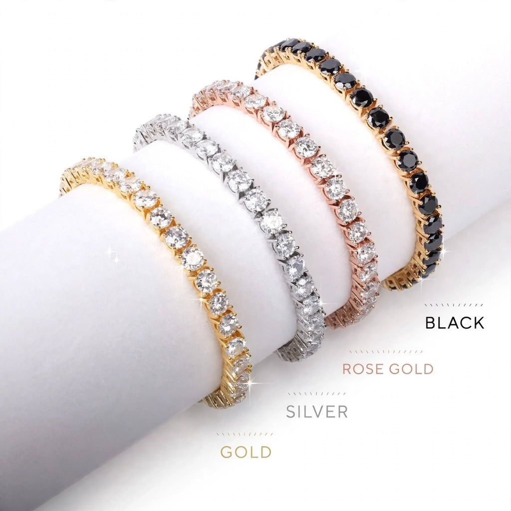 Gold silver rose gold and black stone tennis bracelet options