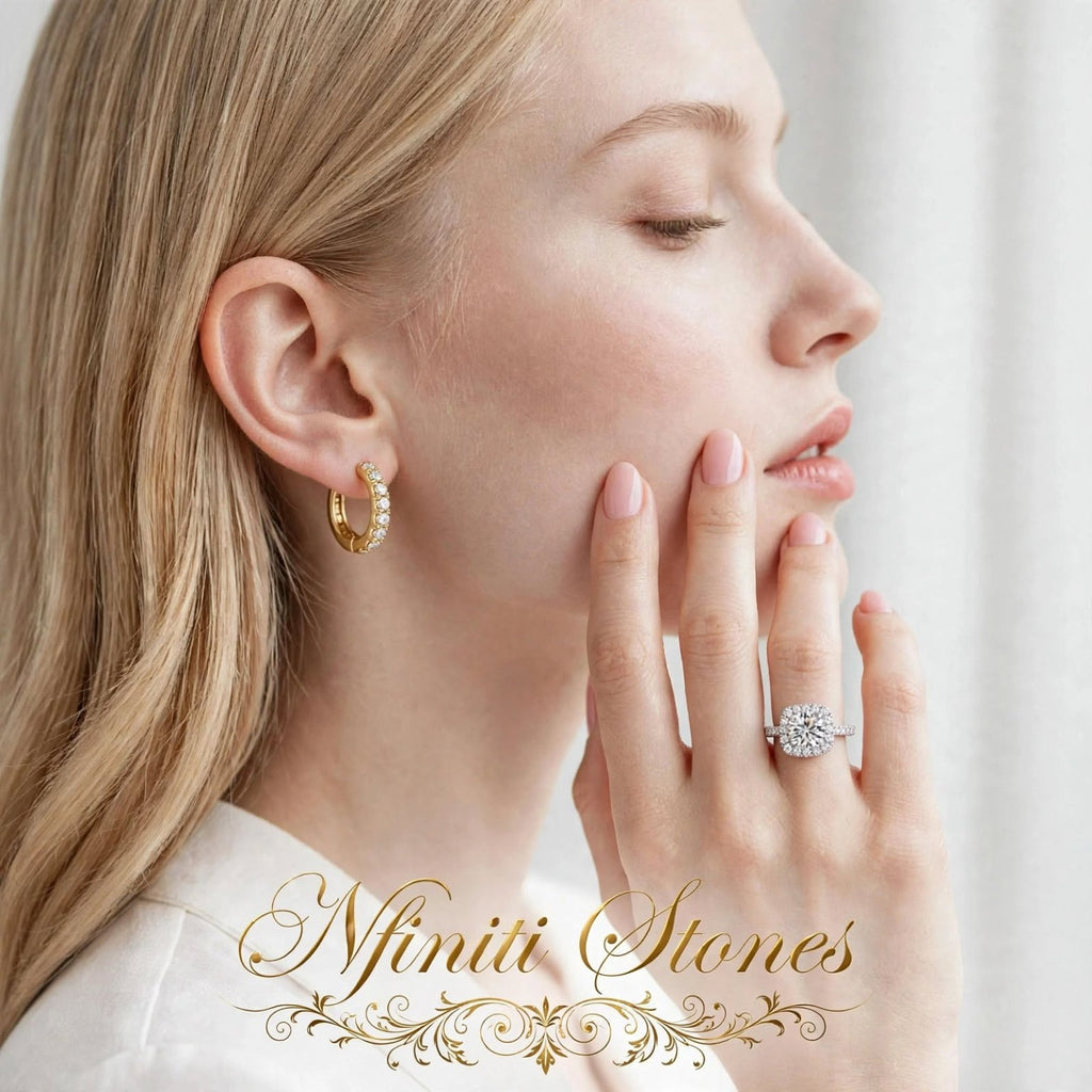 The Royal Promise white gold-filled ring on a model with Nfiniti Stones branding; earrings sold separately