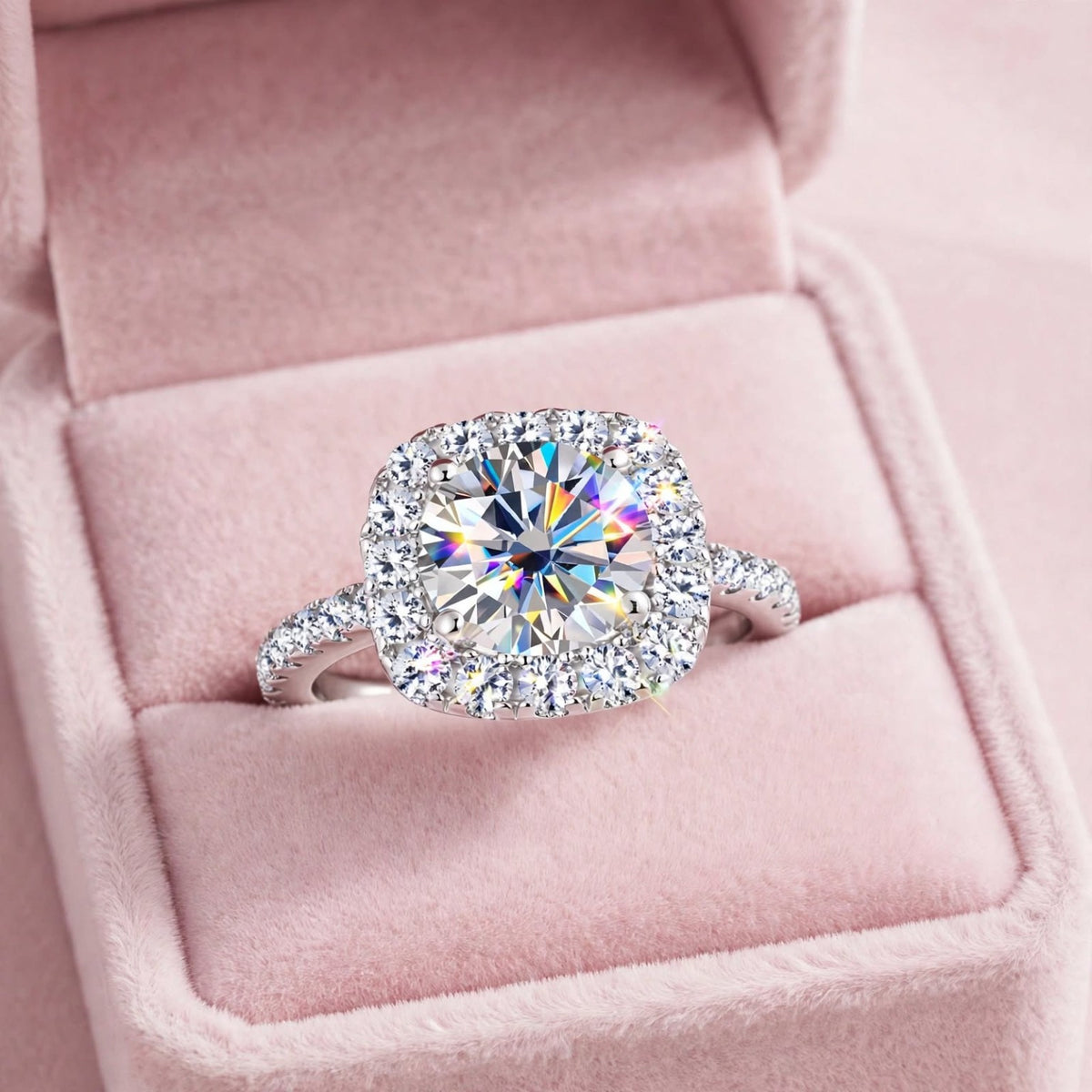 The Royal Promise white gold-filled halo ring on pink velvet