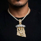Model wearing gold Jesus rose-crown pendant and tennis chain
