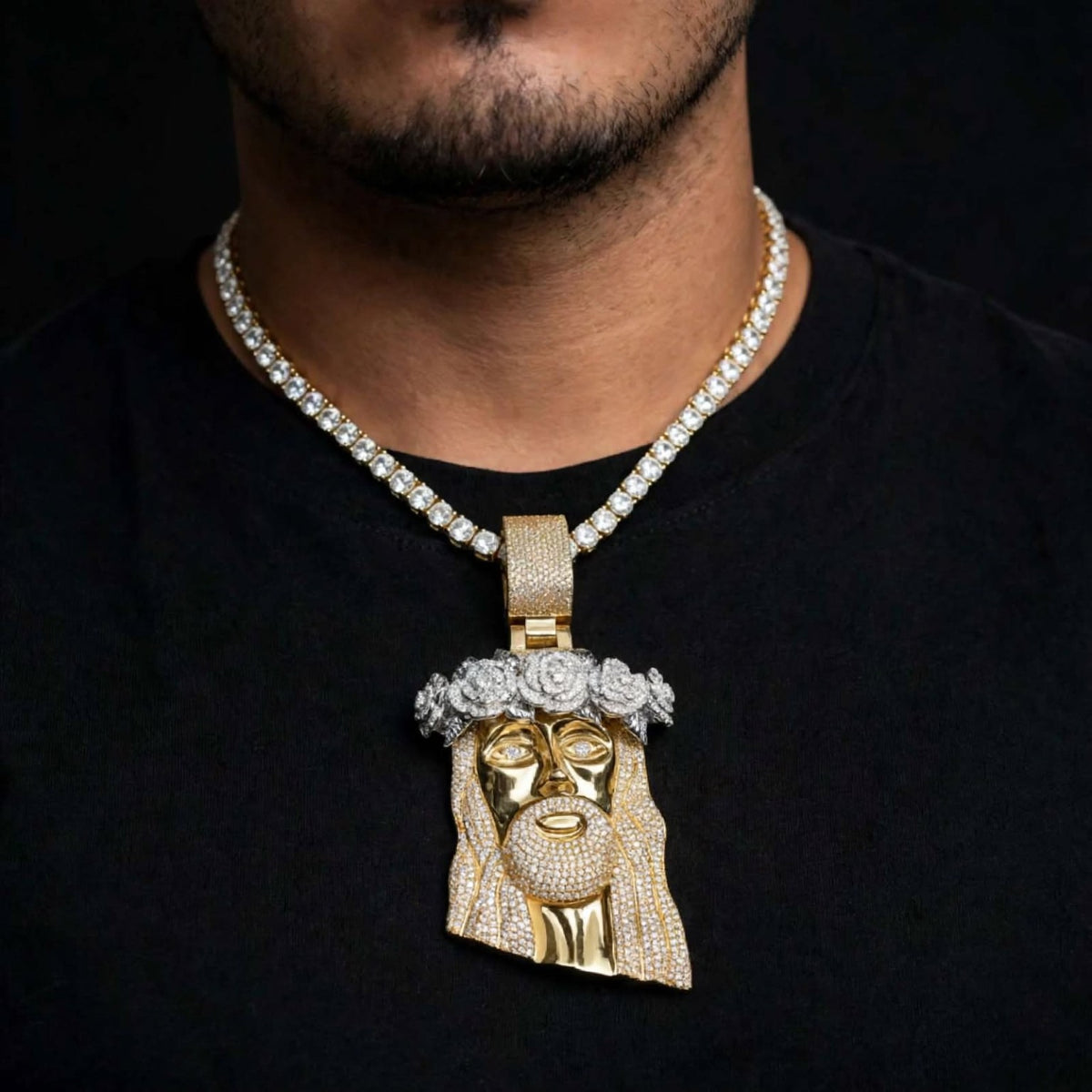Model wearing gold Jesus rose-crown pendant and tennis chain