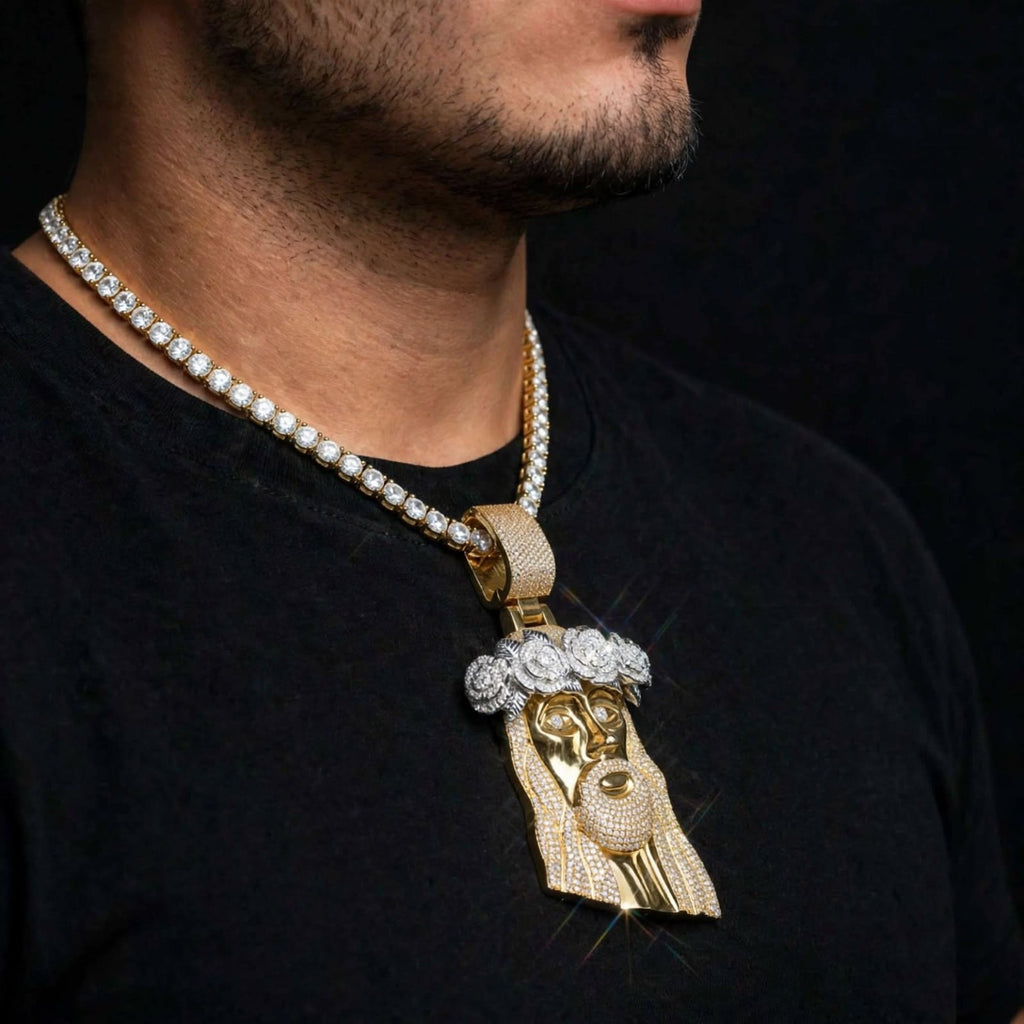 Gold Jesus floral-crown pendant worn on model from alternate angle