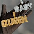 Custom iced baguette QUEEN and BABY pendants on black glove