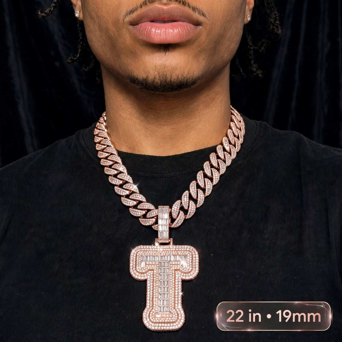 The Siege rose gold chain on model, labeled 22 inches and 19mm; letter pendant styling