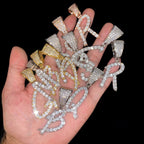Iced cursive initial pendants shown in multiple finishes