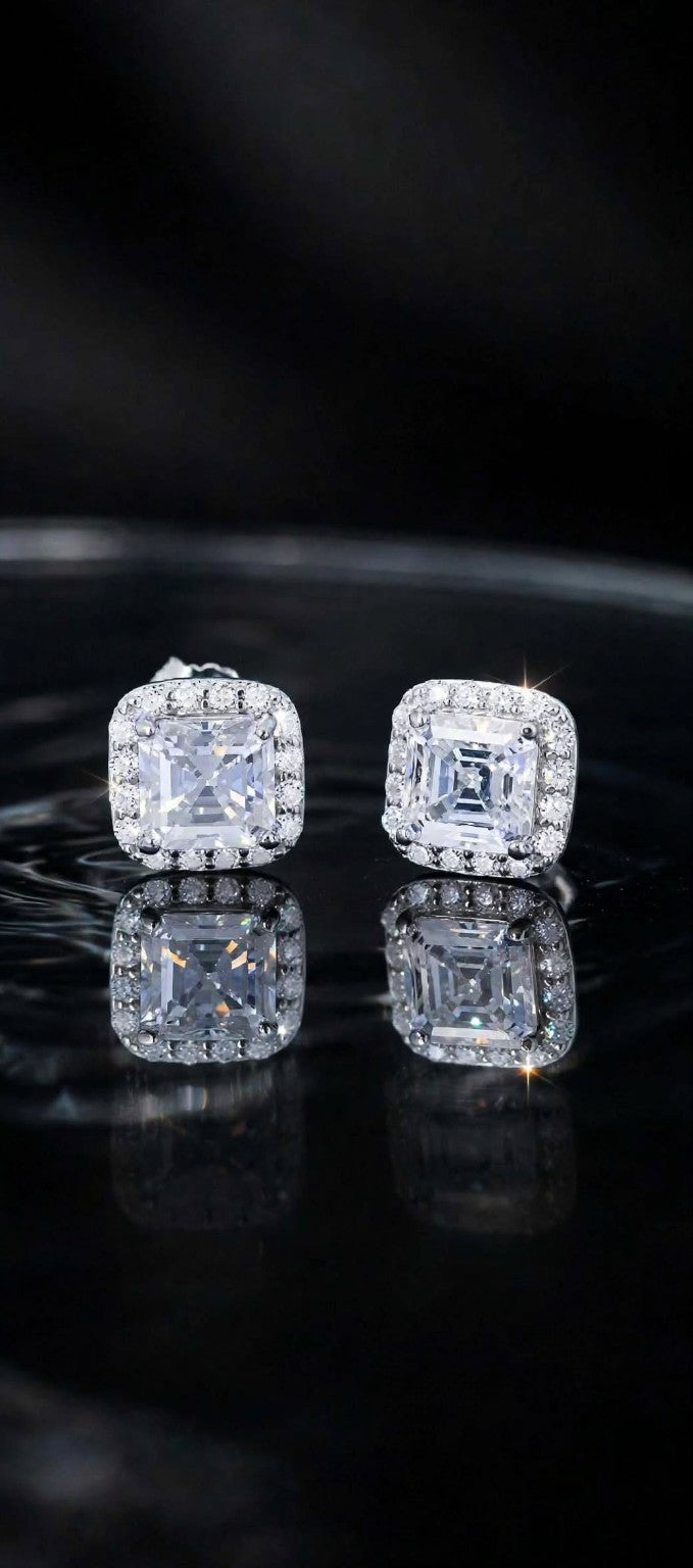 The Sovereign Halo Studs — square moissanite earrings