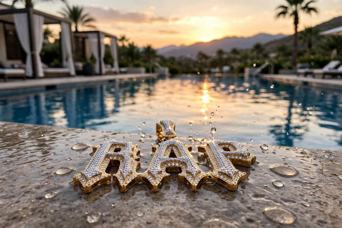 Talk That Talk iced-out RAP custom pendant photographed poolside at sunset