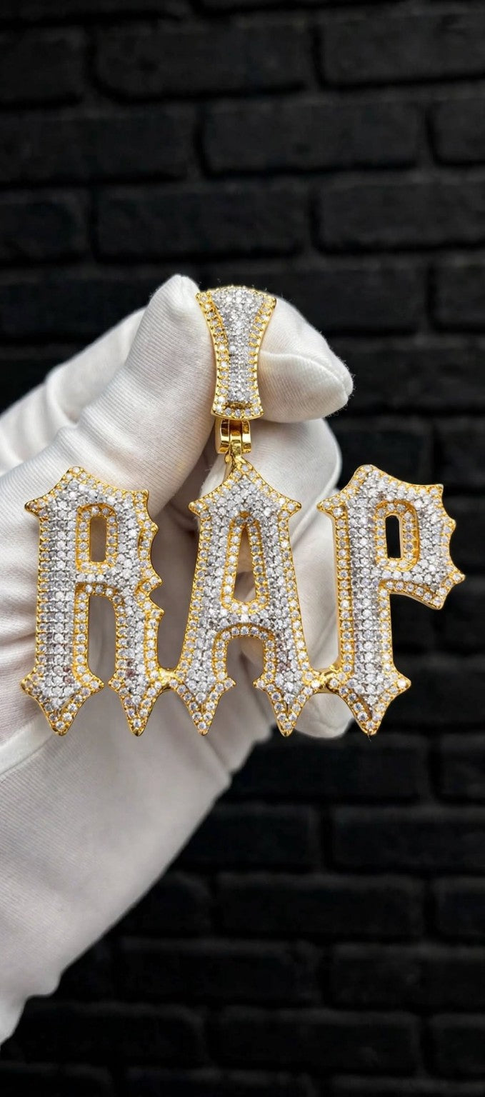 Talk That Talk iced-out RAP pendant with rose-gold accents on white glove