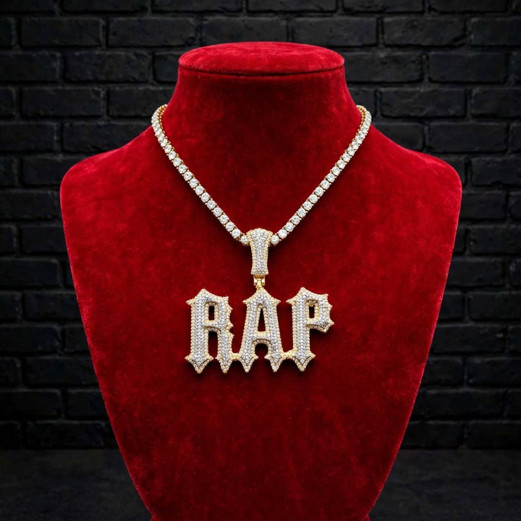 Talk That Talk custom iced-out RAP pendant on red velvet jewelry bust