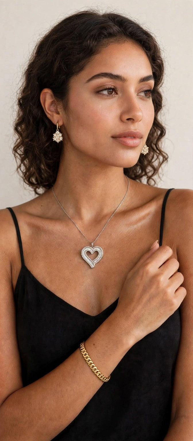 Model in black dress with gold-tone pear-cut earrings; necklace and bracelet not included