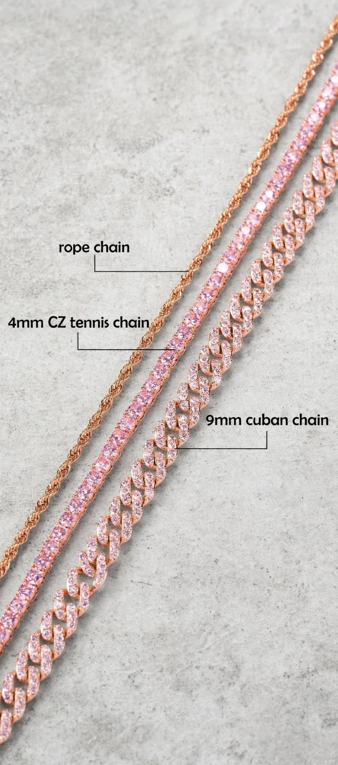 Custom pendant chain styles reference showing rope tennis and Cuban links