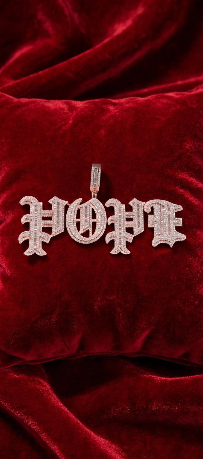 Rose-gold color HOPE Old English custom pendant on red velvet