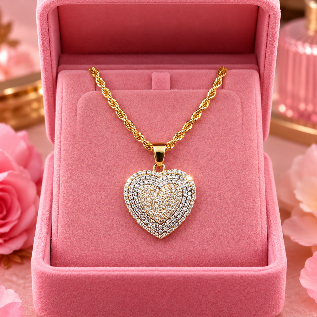 The Love Affair heart necklace shown in open pink velvet jewelry box