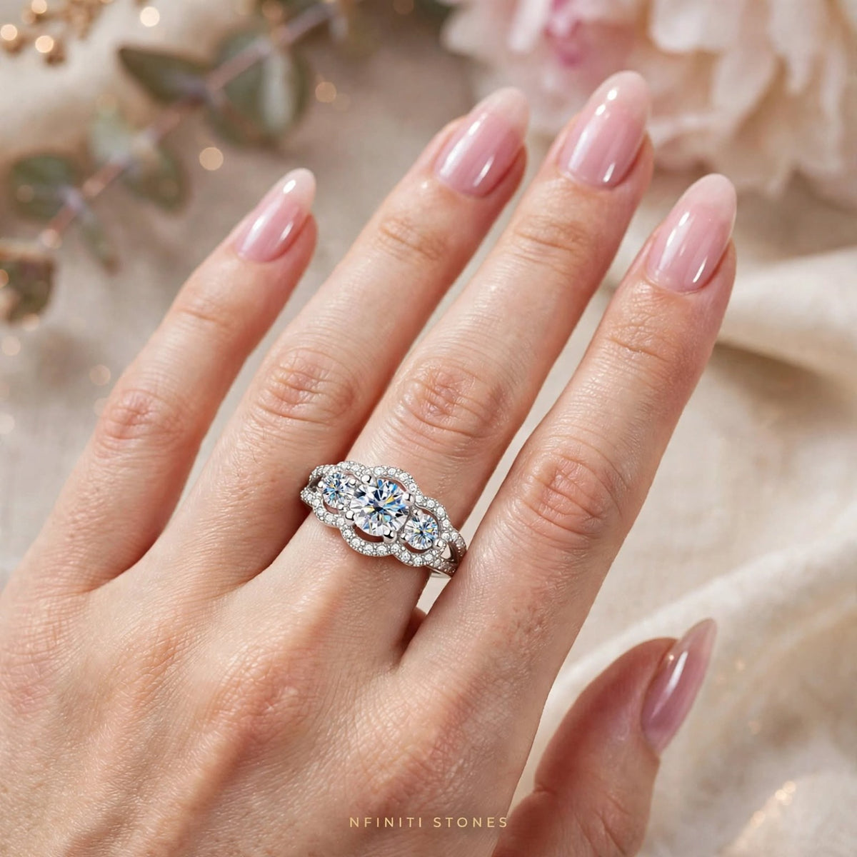 White gold-filled three-stone halo ring worn on hand