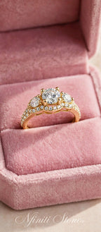 Yellow gold-filled three-stone halo ring in pink velvet box