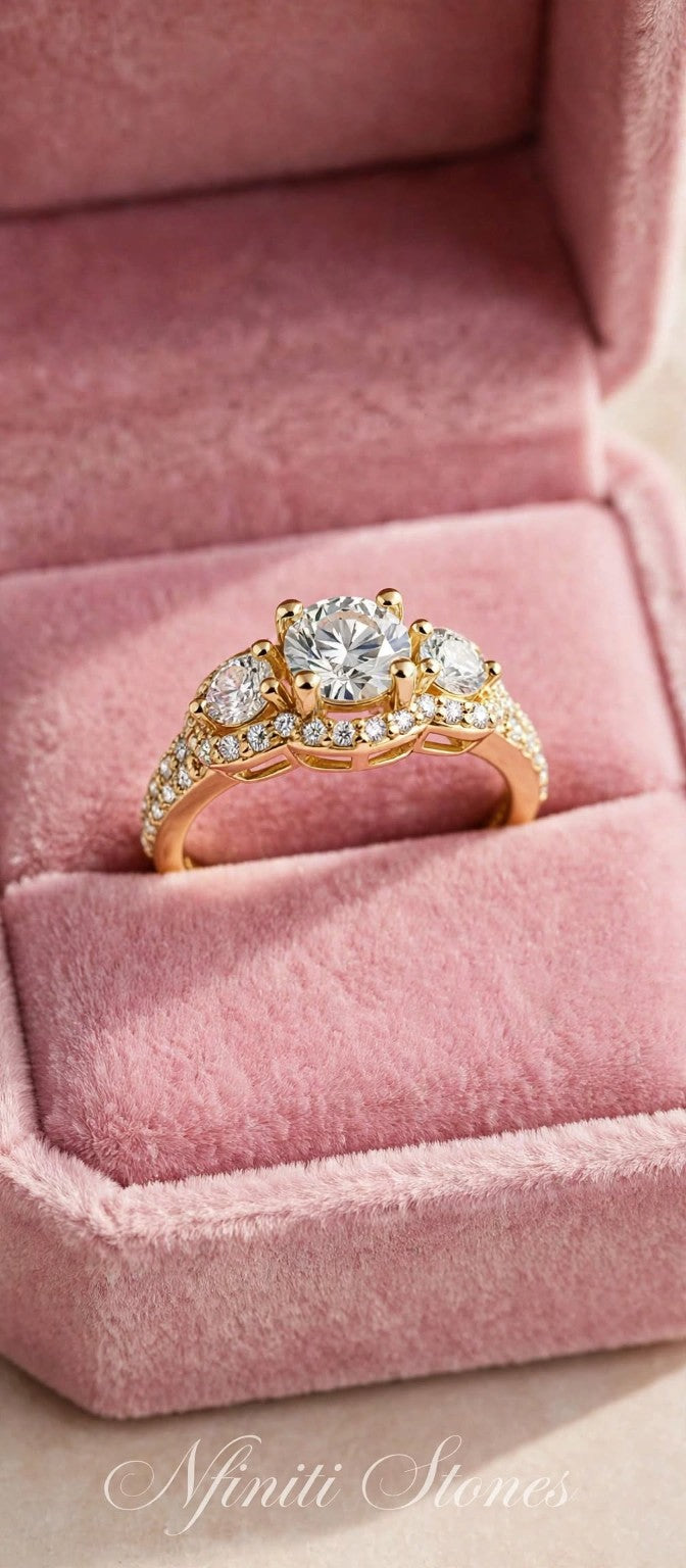 Yellow gold-filled three-stone halo ring in pink velvet box