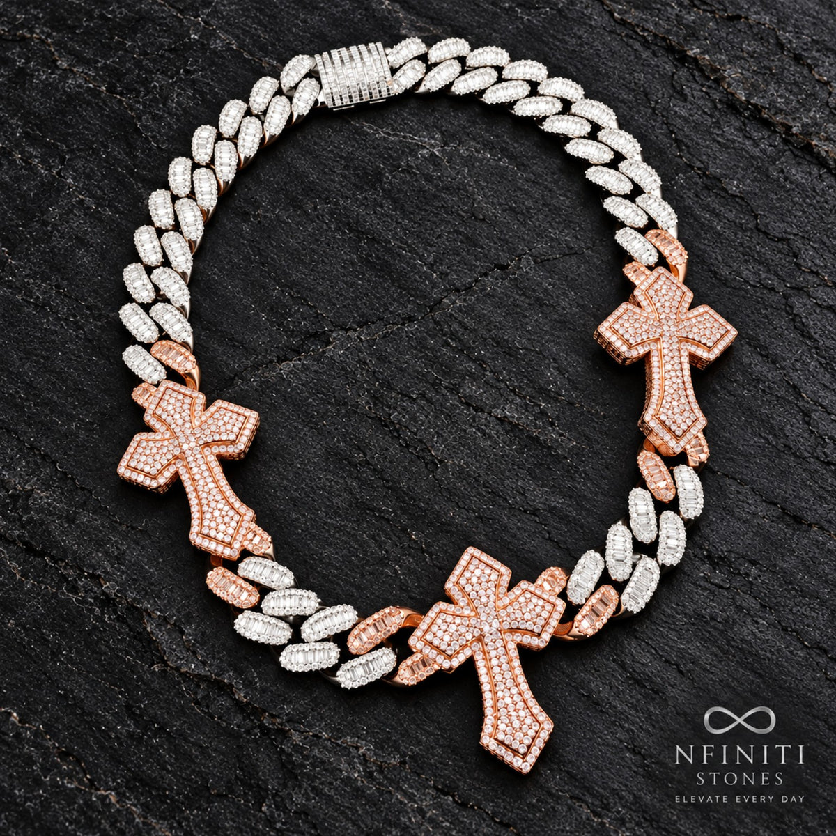 Nfiniti Stones Trinity Cross Cuban necklace — Royal Rose Gold and Silver