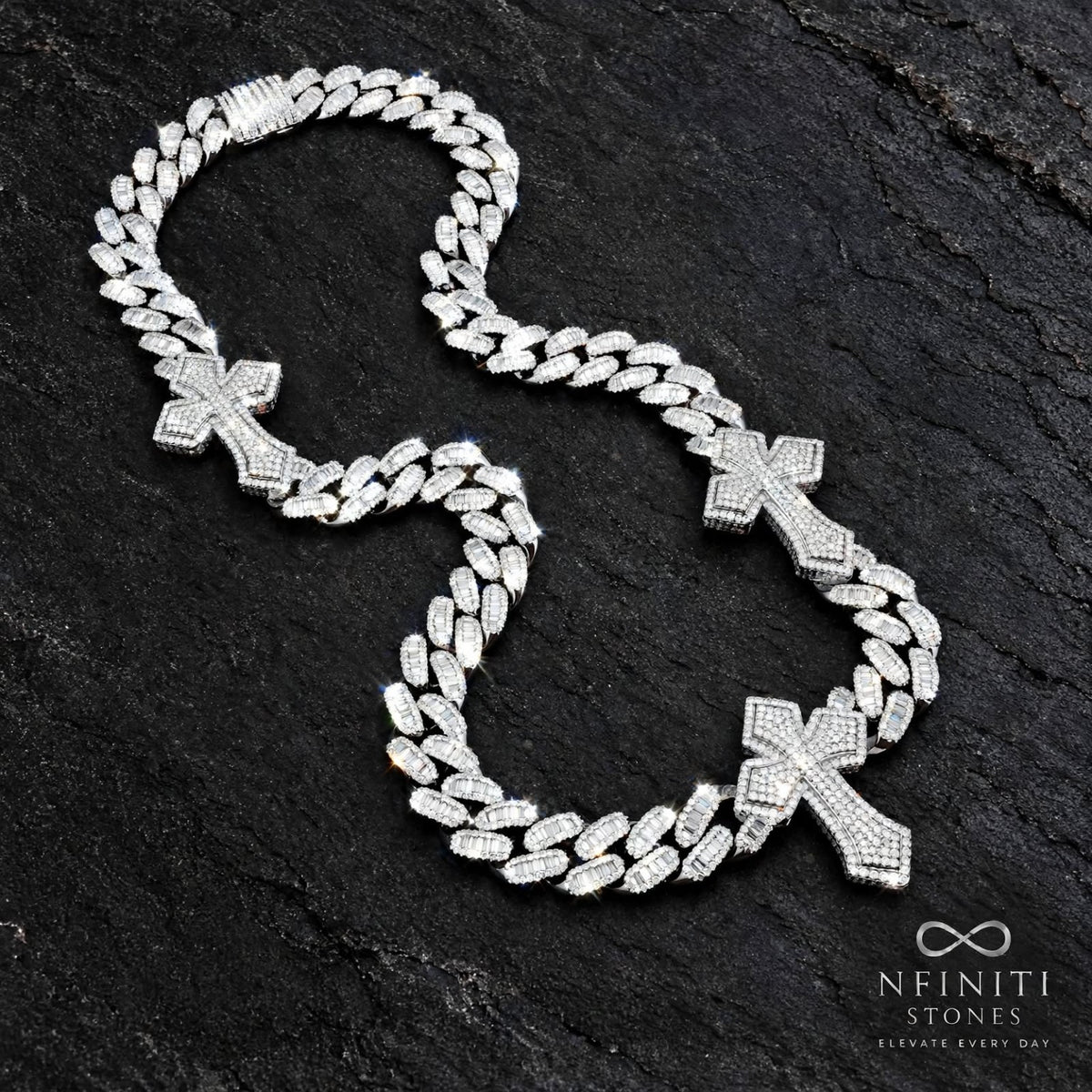 Nfiniti Stones Trinity Cross Cuban necklace — Silver