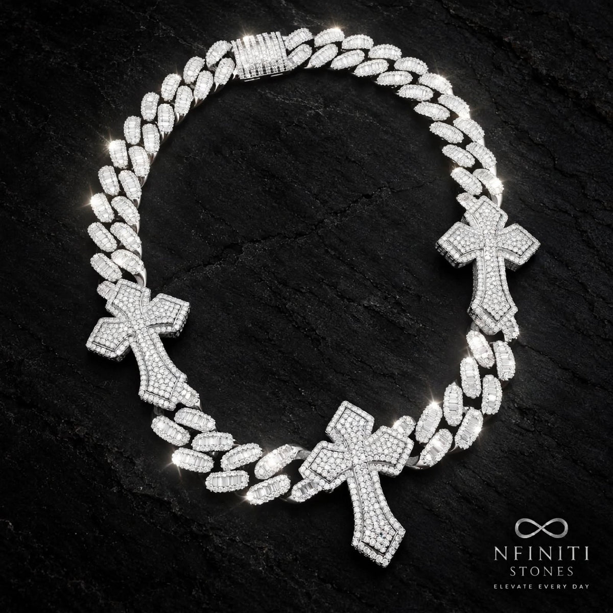 Trinity Cross Cuban Chain — Platinum Tone on black stone