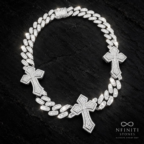 Trinity Cross Cuban Chain — Platinum Tone on black stone
