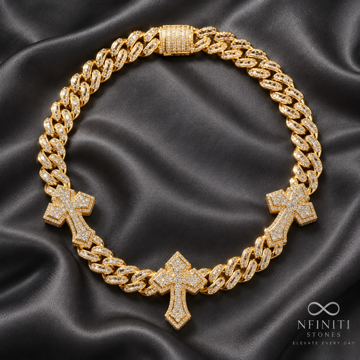 Trinity Cross Cuban Chain — Royal Gold on black satin