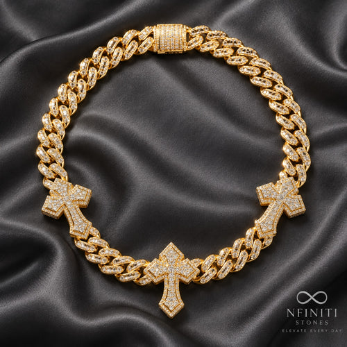 Trinity Cross Cuban Chain — Royal Gold on black satin