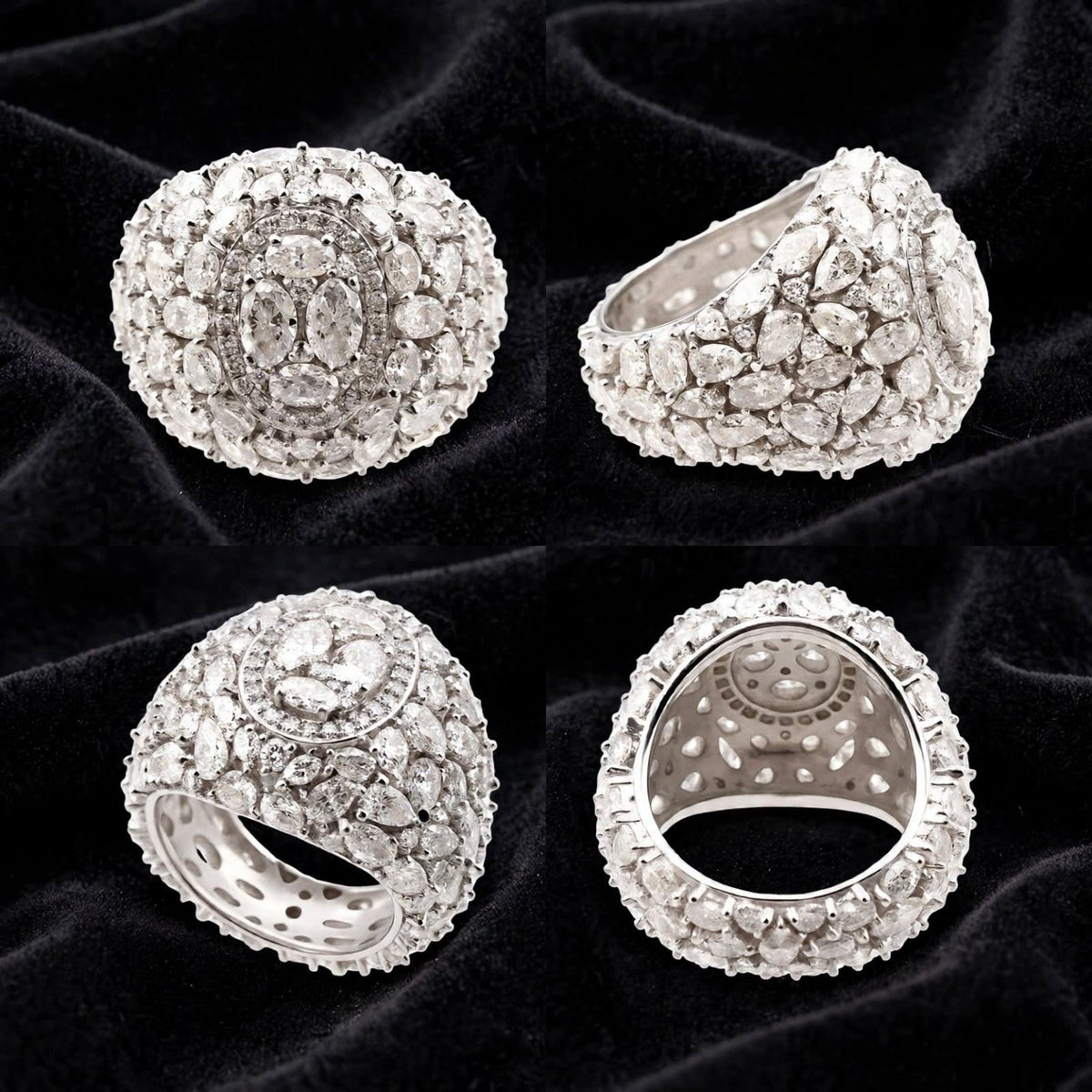 The Unwritten Rule ring shown in four angles on black velvet