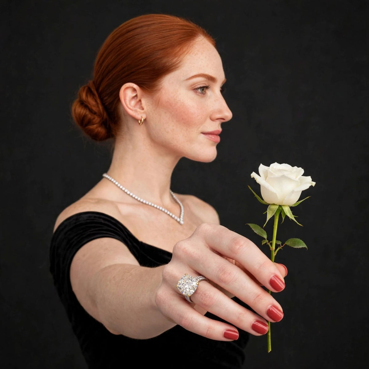 White moissanite ring with white rose