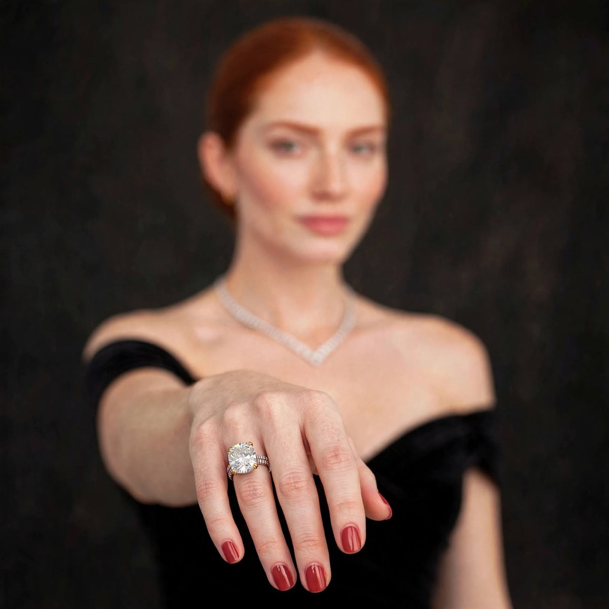White moissanite ring front-facing model