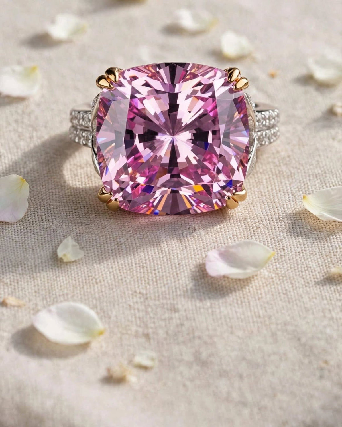 Pink moissanite ring close-up