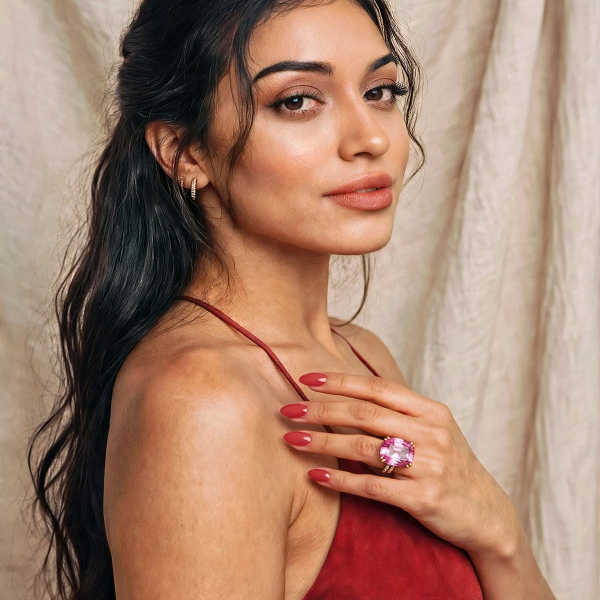 Pink moissanite ring worn by model
