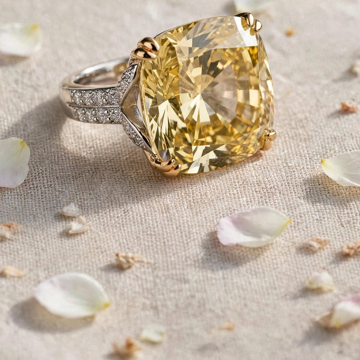 Yellow moissanite ring close-up