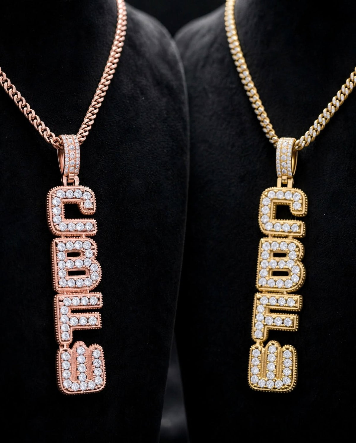 Gold and rose gold custom CZ bubble letter pendants
