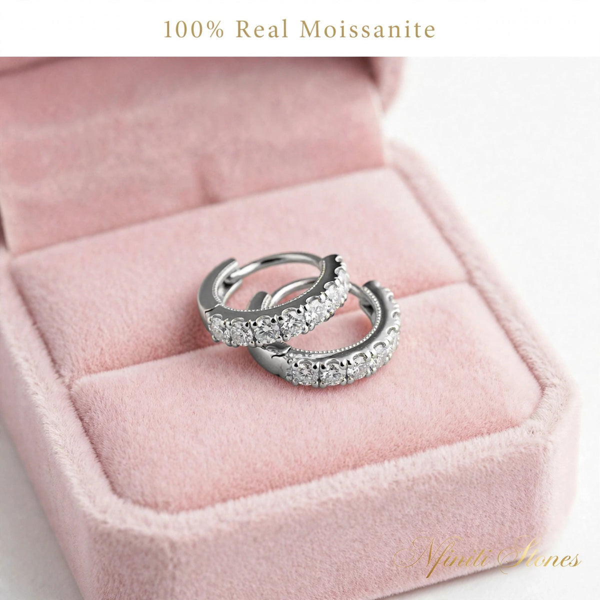 White finish moissanite hoop earrings in a pink velvet box